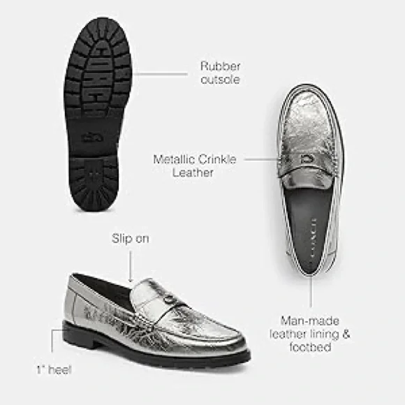 Coach NIB Metallic Silver Anthracite Jocelyn Crinkle Loafers - Picture 3 of 14